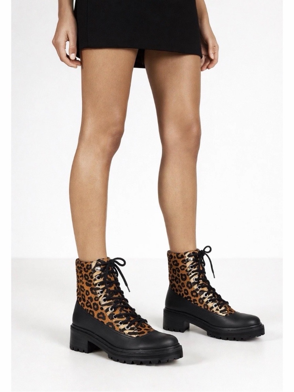 🆕 BNIB Schutz Mafalda Lace Up Calf Hair Leather Leopard Combat Boots